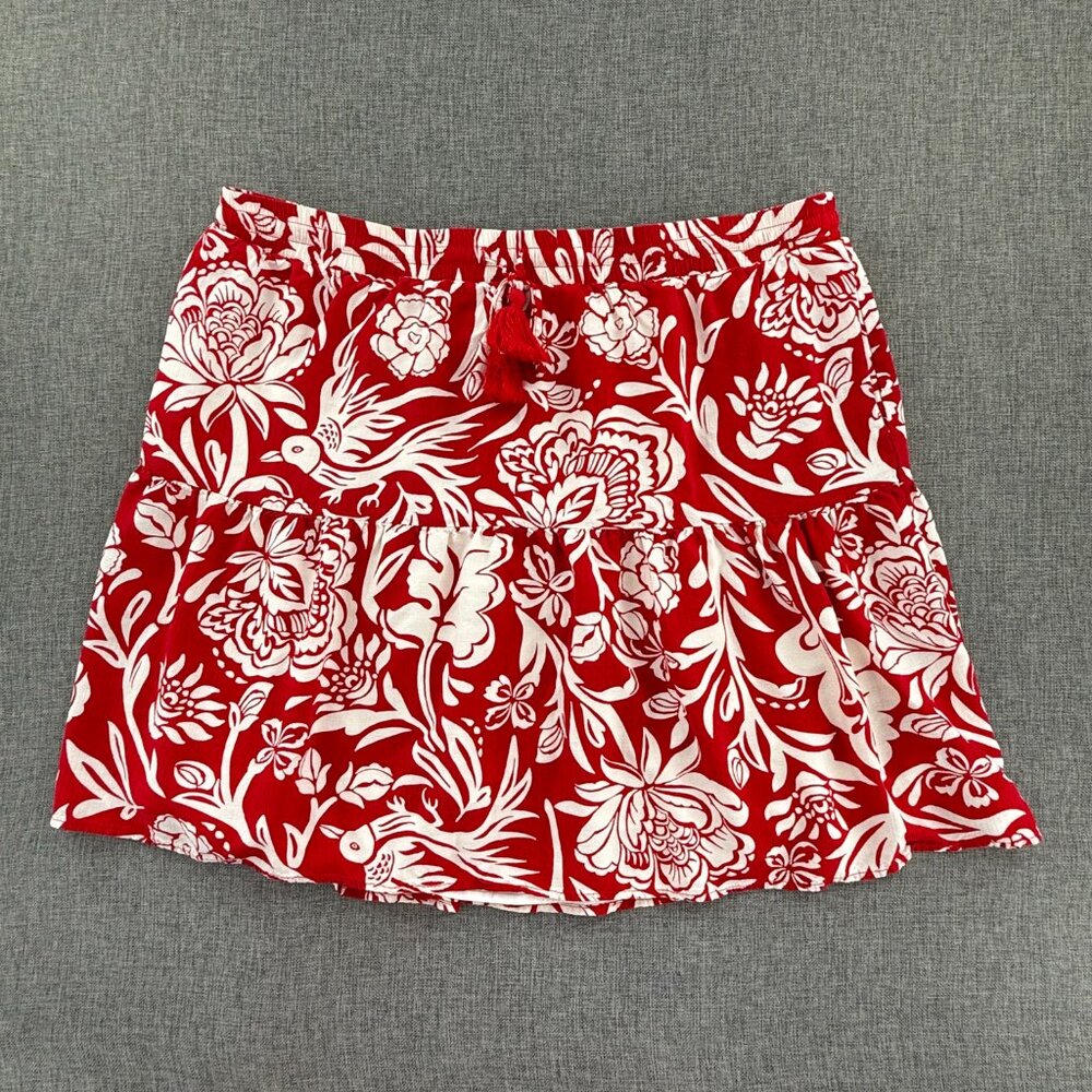 Knox Rose Skirt Floral XL Elastic Stretch waist Red & White Lined Rayon Pockets